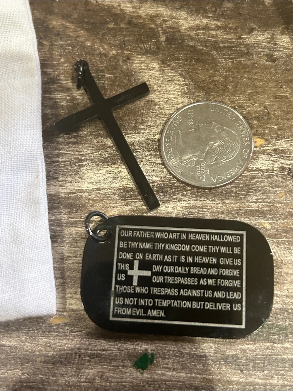 Black Cross Necklace with Engraved Lord's Prayer Dog Tag